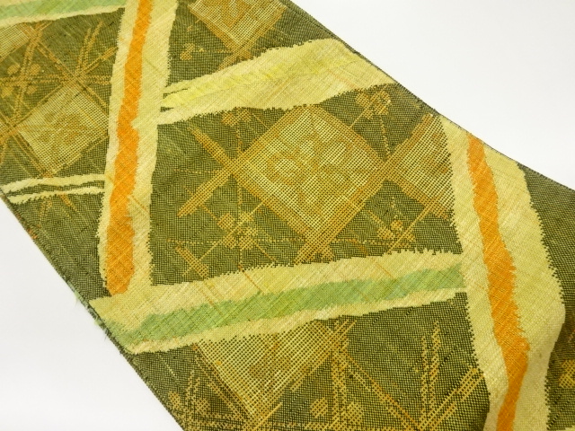 手織り真綿紬幾何学に抽象模様織出し名古屋帯